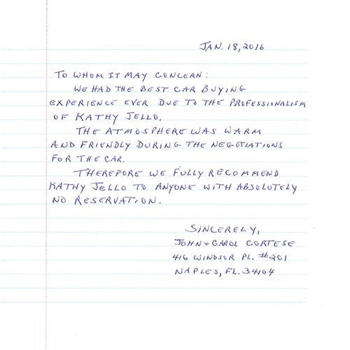 John & Carol Cortese Thank You note