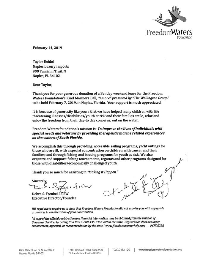 Freedom Waters Thank You Letter