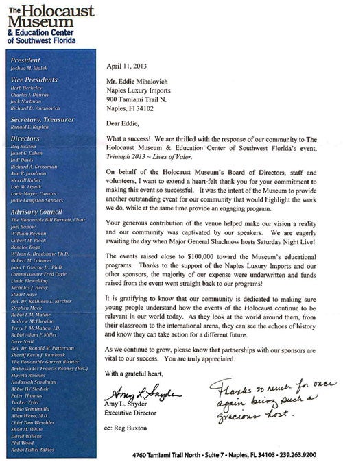 Holocaust Museum sponsor Thank You