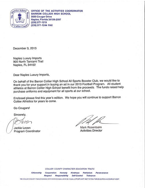 Barron Collier High School letter